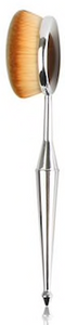 Image shows a multipurpose makeup brush with silver bases and thick oval bristle heads