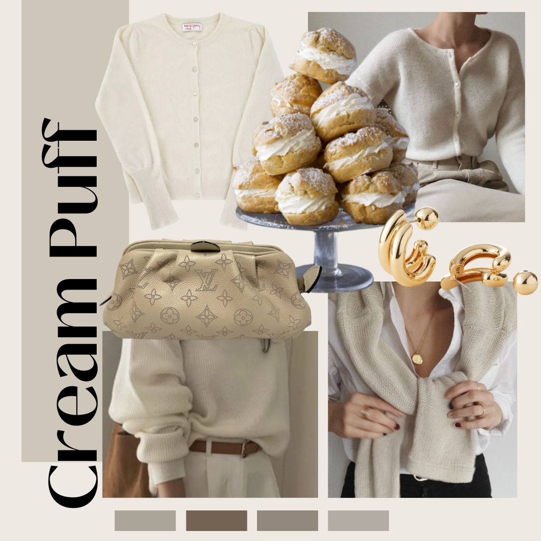 Photo of Lyla Cashmere Cardigan featuring buttons up the front in the colour cream puff (cream) available at UniKoncept in Waterloo - mood board