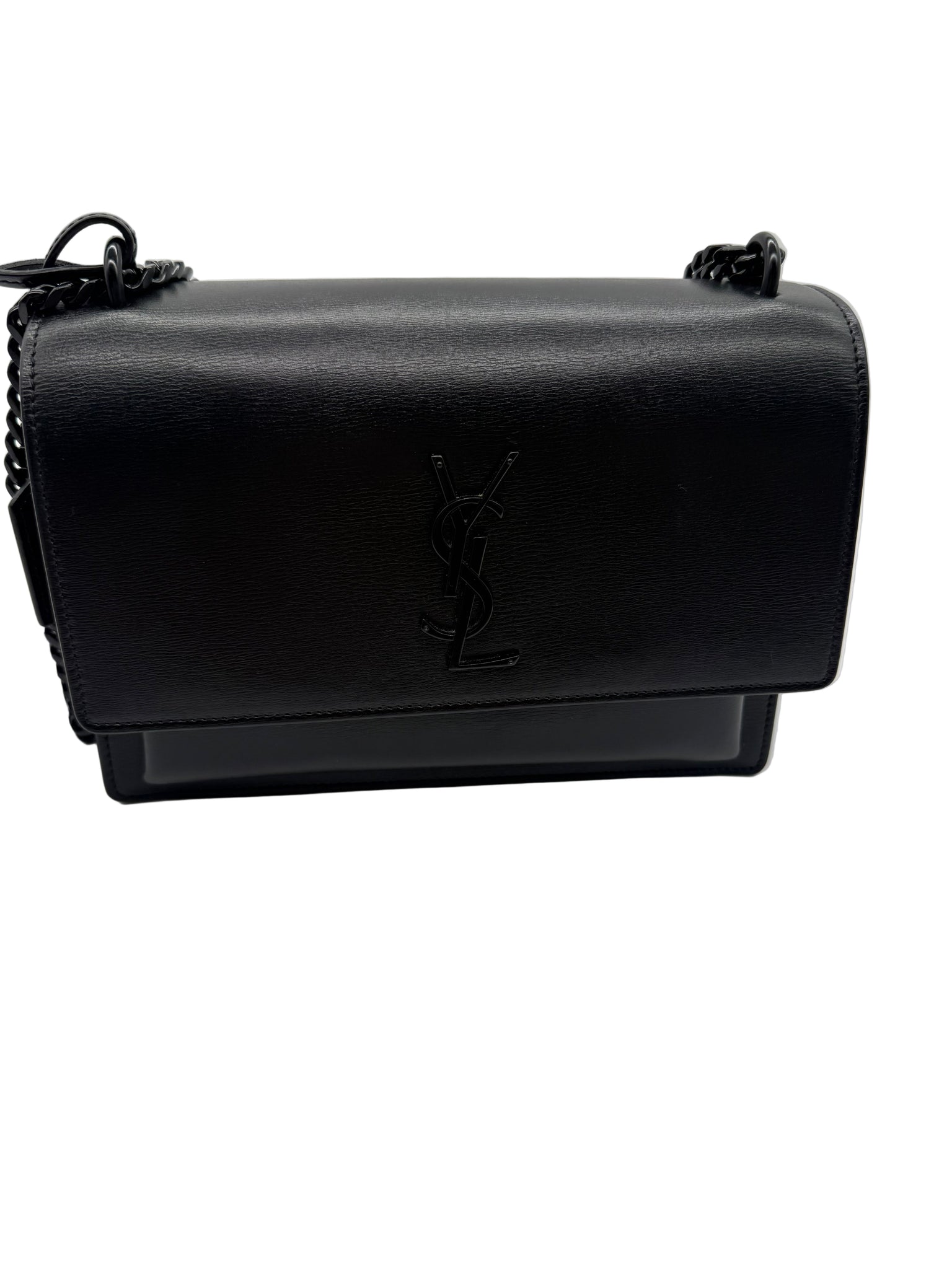 YSL Black leather bag with a brand logo on a white background