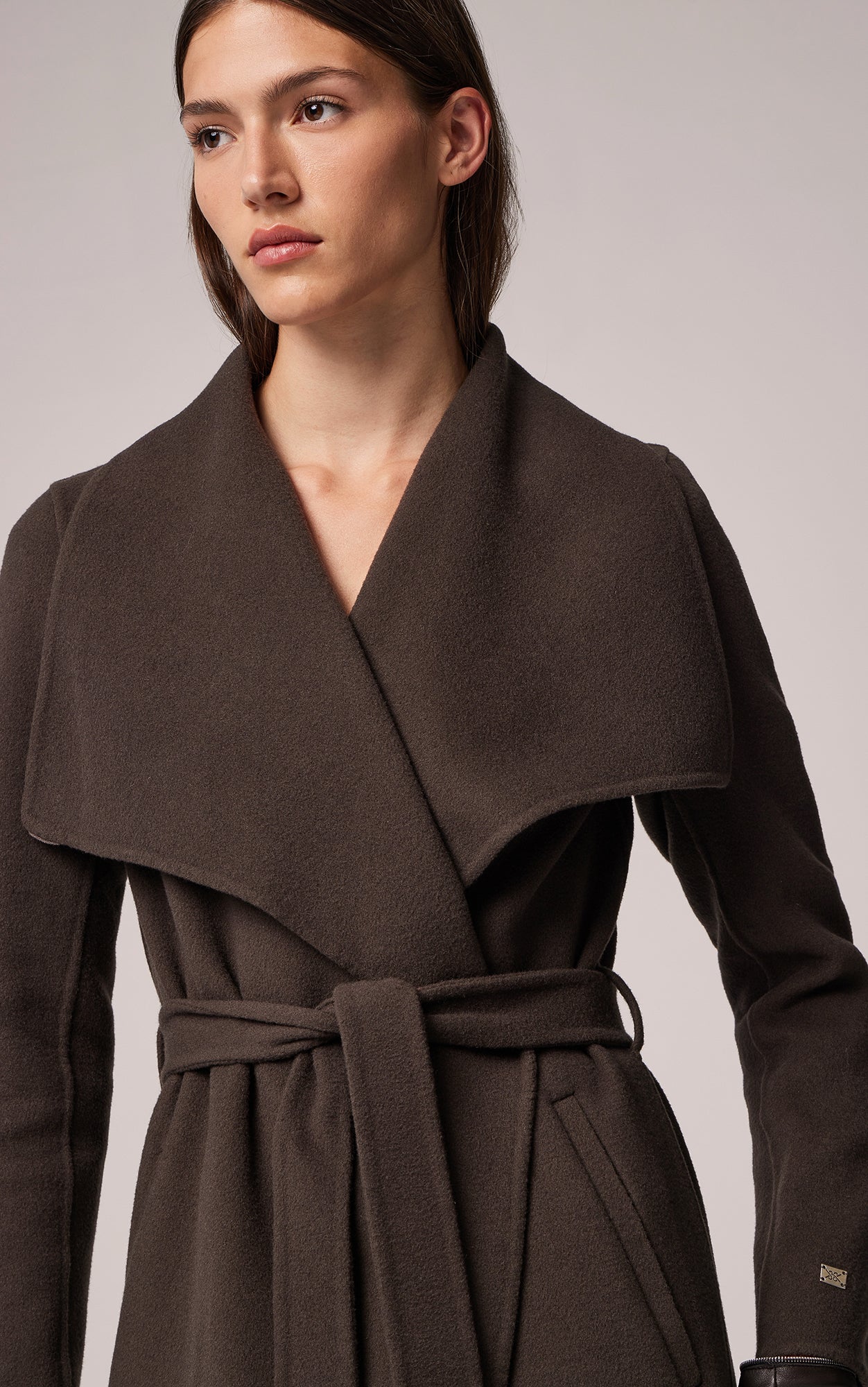 Photo of model wearing Britta Coat in the colour Mushroom from Soia & Kyo available at UniKoncept in Waterloo close up