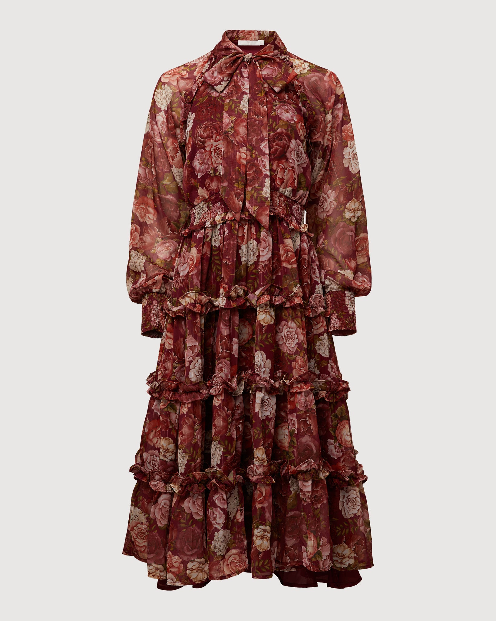 Photo of Smocked Ruffle Midi Dress in a red wine floral print from Rachel Parcell available at UniKoncept in Waterloo