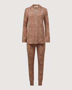 Photo of Long Sleeve Pant Jersey Pajamas with button up top in a neutral and pink leopard pattern from Rachel Parcell available at UniKoncept in Waterloo