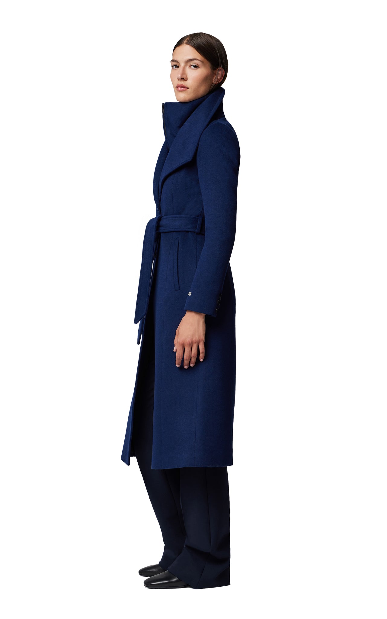 Photo of model wearing Ilana Coat in colour Lapis from Soia & Kyo available at UniKoncept in Waterloo side view