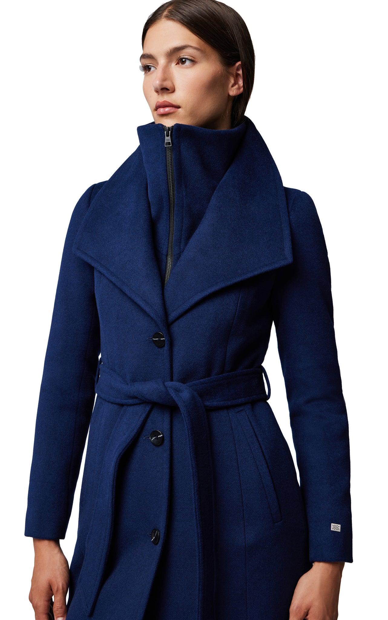 Photo of model wearing Ilana Coat in colour Lapis from Soia & Kyo available at UniKoncept in Waterloo close up