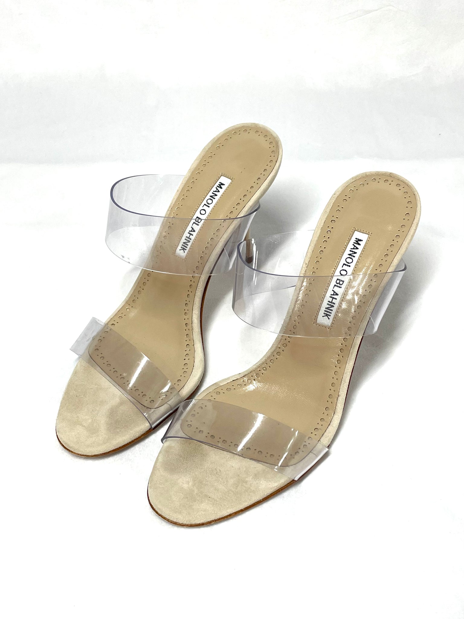 Pre Loved Manolo Blahnik PVC Heels 38 with Beige Suede Heels and two PVS Straps available at UniKoncept in Waterloo