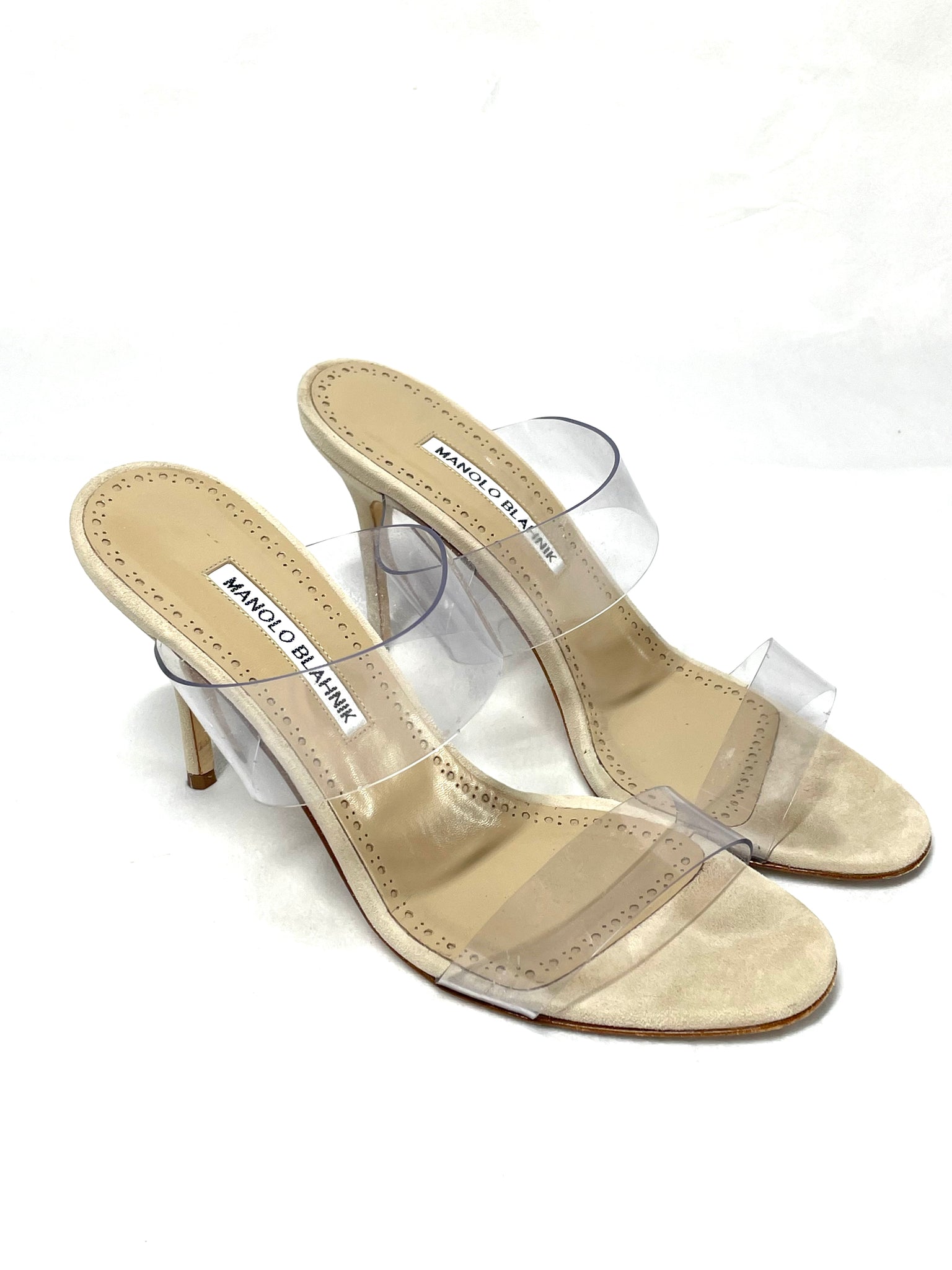 Pre Loved Manolo Blahnik PVC Heels 38 with Beige Suede Heels and two PVS Straps available at UniKoncept in Waterloo