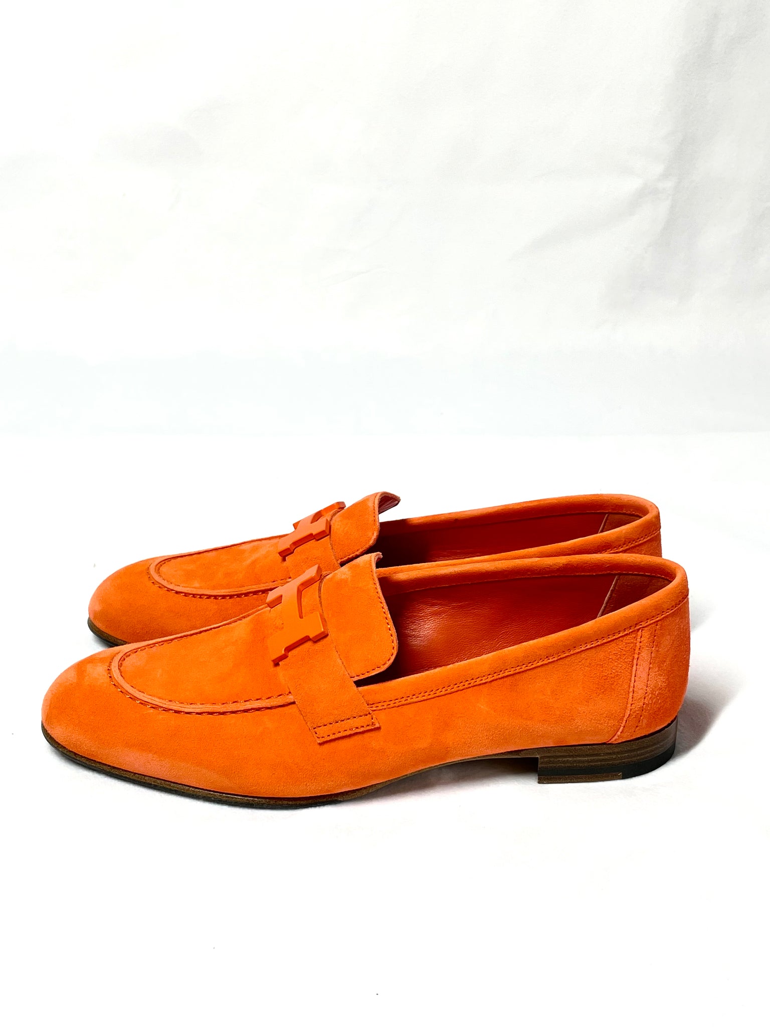 Pre Loved Hermes Paris Loafers 37 in Orange available at UniKoncept in Waterloo