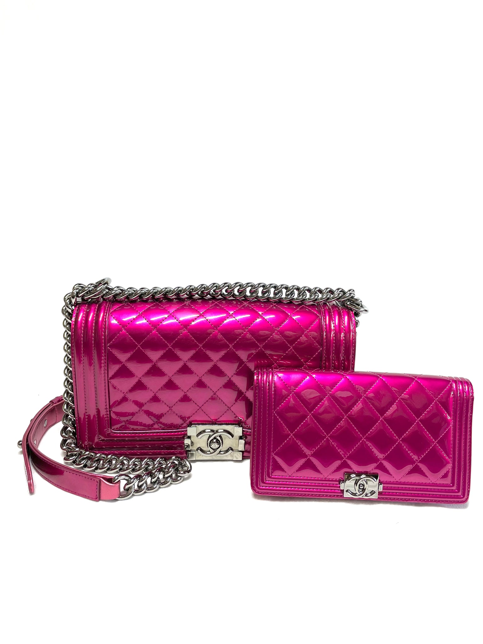 Photo of Chanel Fuchsia Patent Boy Wallet *limited edition* available at UniKoncept in Waterloo pictured with CHANEL MEDIUM FUCHSIA PATENT BOY BAG *LIMITED EDITION*