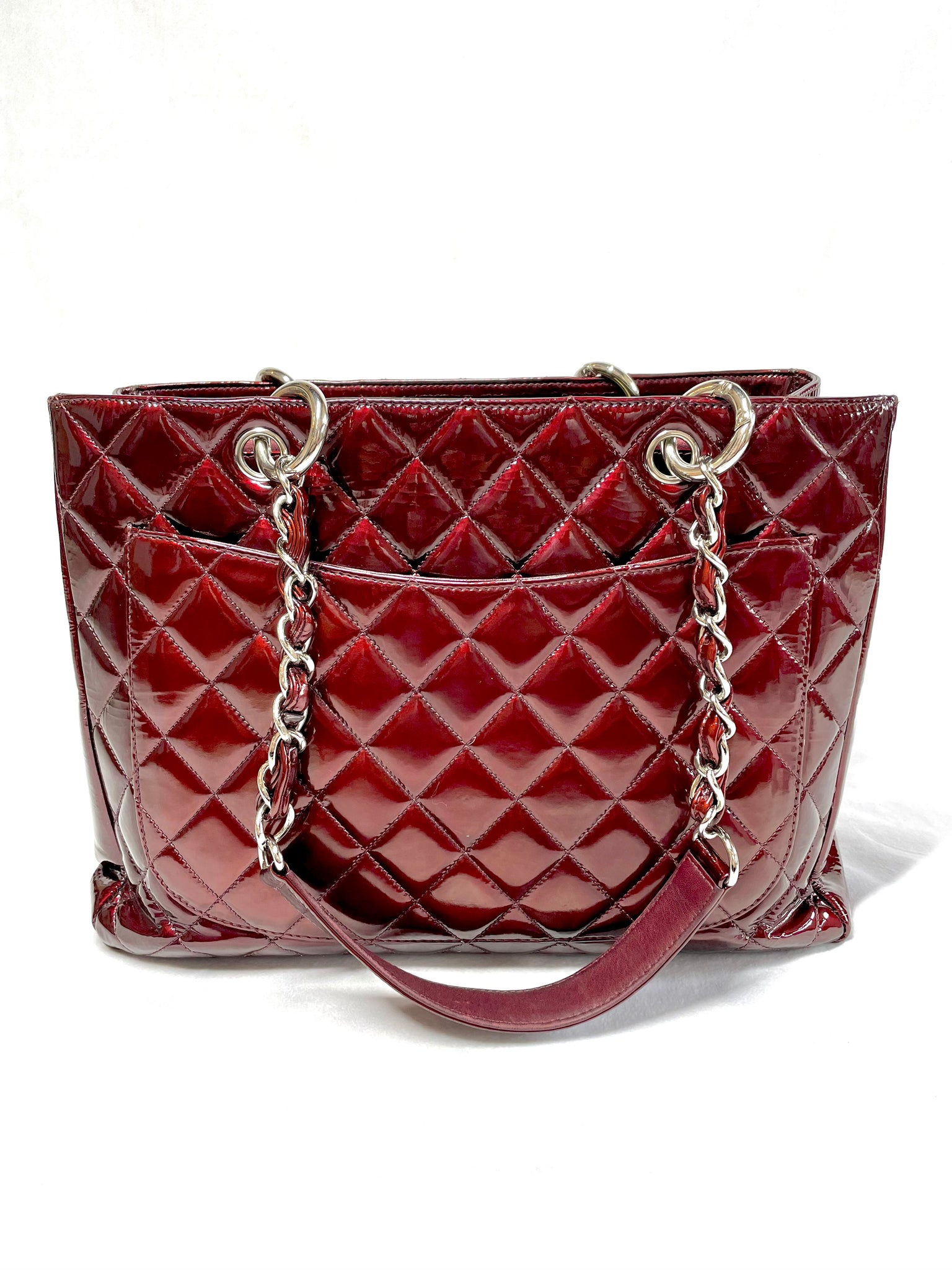 Photo of Chanel Bordeaux Patent Shopping Tote available at UniKoncept in Waterloo