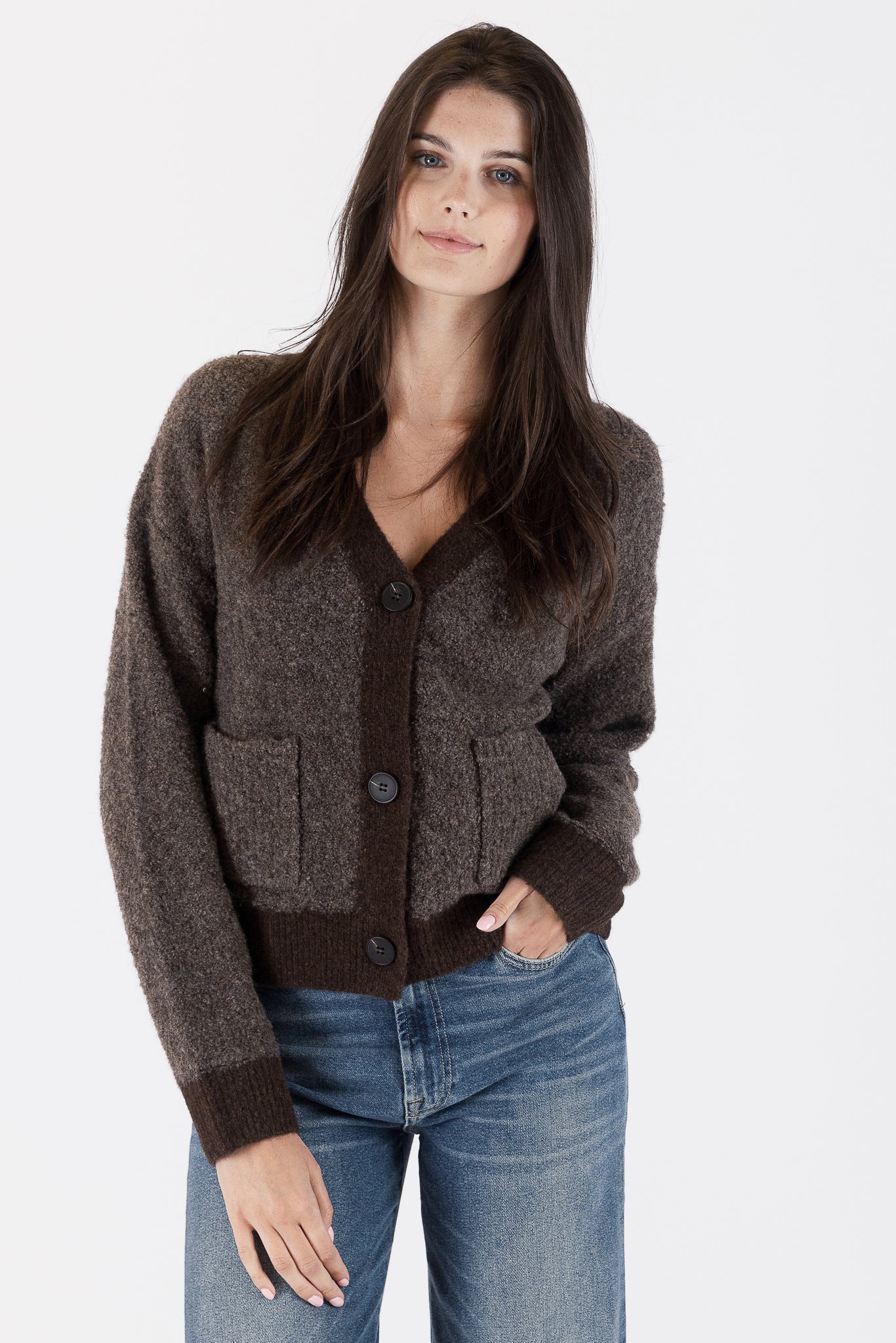 Photo of model wearing Nova Two Toned Cardigan in brown colours available at UniKoncept in Waterloo front view