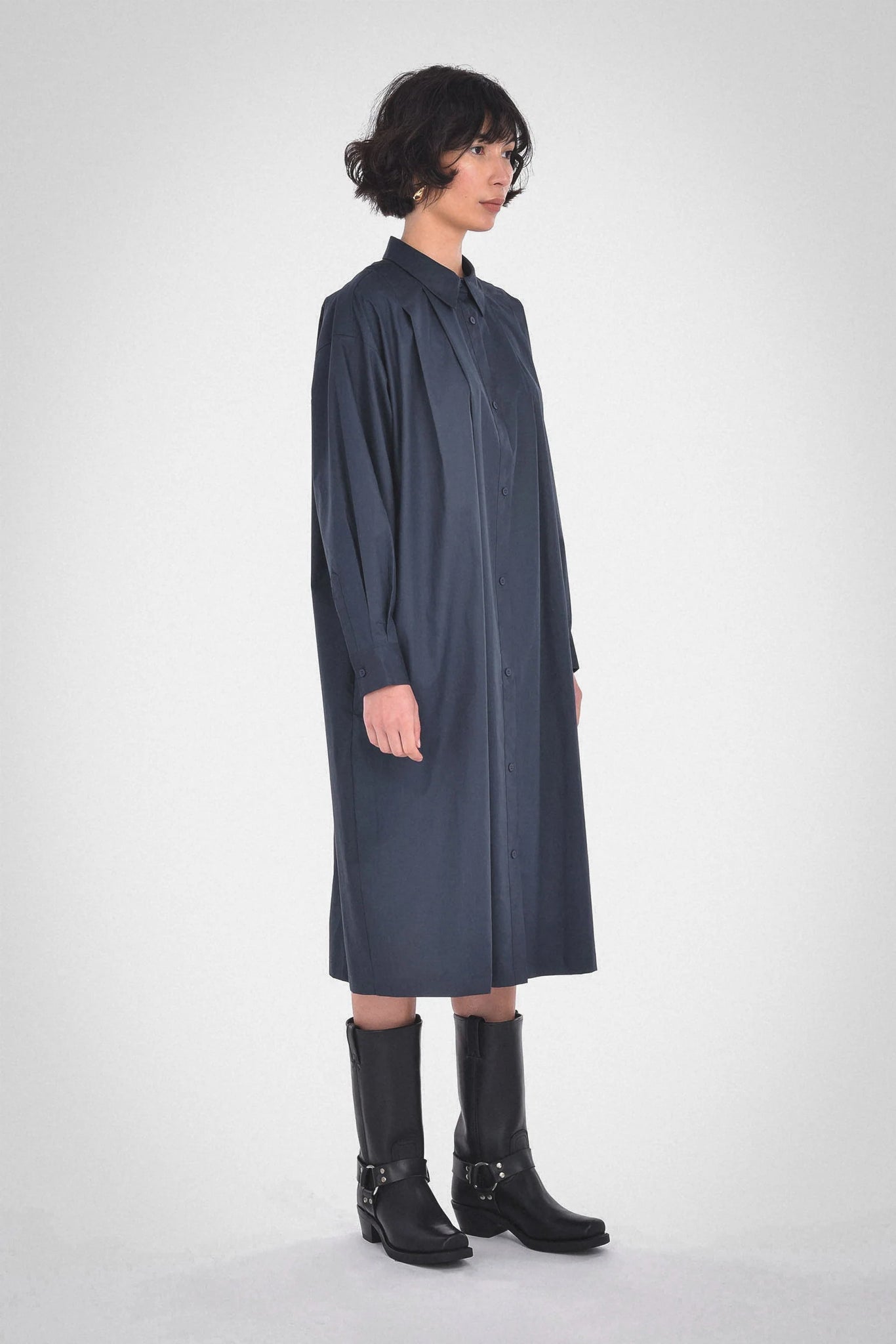 Miko button up dress in navy from Paper Label available at UniKoncept in Waterloo side view