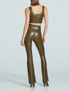Photo of model wearing faux leather flare leggings in the colour cadet from commando available at UniKoncpet in Waterloo