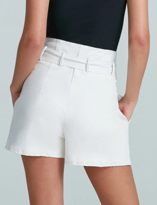 photo of model wearing Faux Leather Paper Bag Shorts in white with tie details from Commando available at UniKoncept in Waterloo