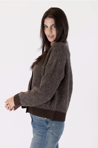 Photo of model wearing Nova Two Toned Cardigan in brown colours available at UniKoncept in Waterloo side view