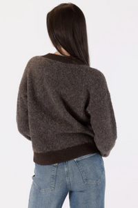 Photo of model wearing Nova Two Toned Cardigan in brown colours available at UniKoncept in Waterloo back view