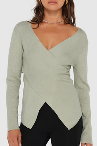 photo of model wearing Marley Knit Top in the colour sage available at UniKoncept in Waterloo close up of details