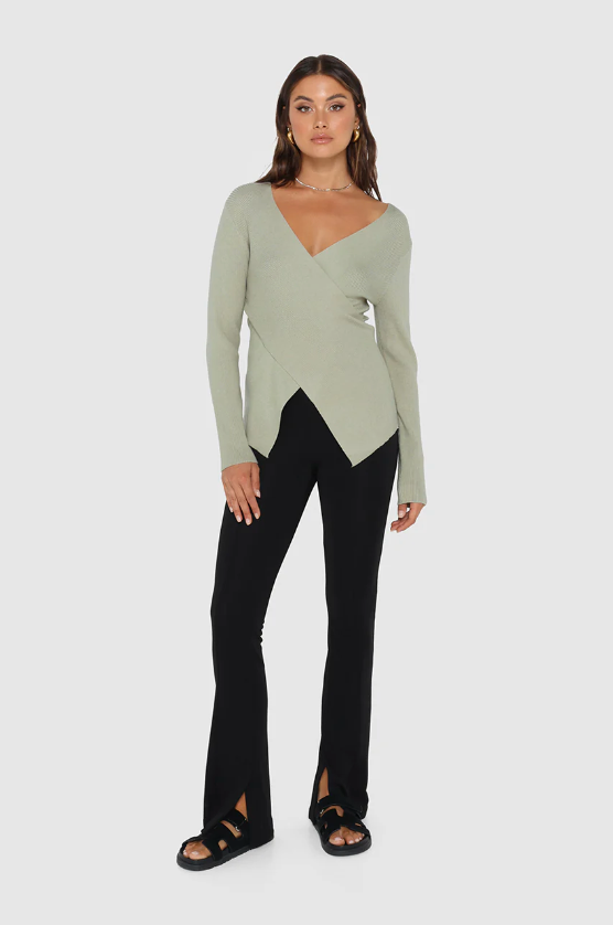 photo of model wearing Marley Knit Top in the colour sage available at UniKoncept in Waterloo