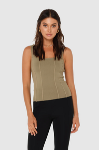 photo of model wearing Karla knit top in sage available at UniKoncept in Waterloo front view