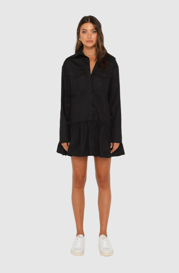 Kenna Shirt Dress in Black with buttons, ruffles, and pocket detailing from Madison The Label available at UniKoncept in Waterloo front view