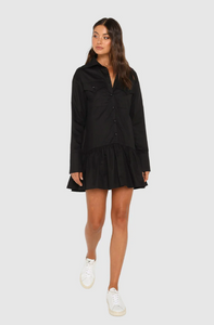 Kenna Shirt Dress in Black with buttons, ruffles, and pocket detailing from Madison The Label available at UniKoncept in Waterloo
