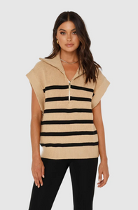 photo of model wearing owen knit vest in a camel colour with black stripes featuring a quarter zip available at UniKoncept in Waterloo front view