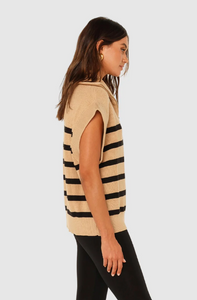 photo of model wearing owen knit vest in a camel colour with black stripes featuring a quarter zip available at UniKoncept in Waterloo side view