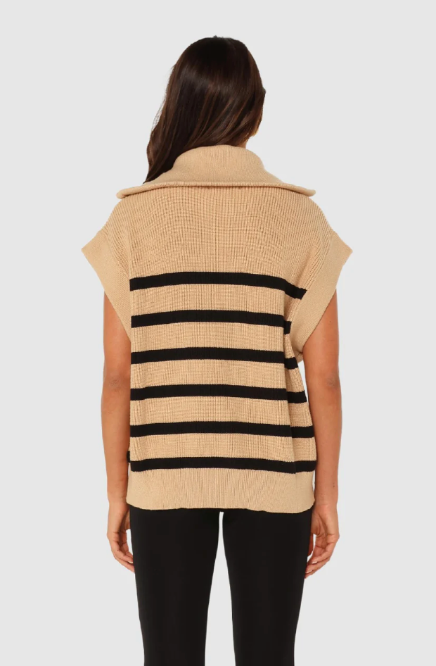 photo of model wearing owen knit vest in a camel colour with black stripes featuring a quarter zip available at UniKoncept in Waterloo back view