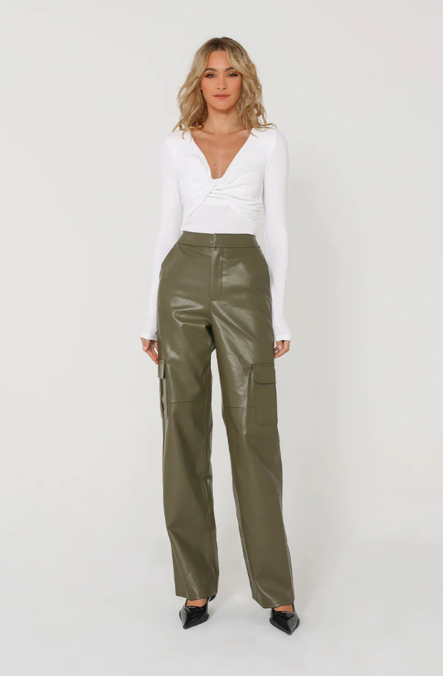 Photo of model wearing Billy Cargo Pants in an olive green with side pocket details available at UniKoncept in Waterloo front view