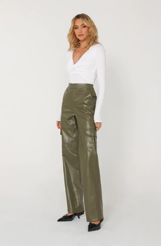 Photo of model wearing Billy Cargo Pants in an olive green with side pocket details available at UniKoncept in Waterloo