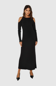 Photo of model wearing evelyn knit dress with a maxi length in the colour black with cut out shoulder details available at UniKoncept in Waterloo