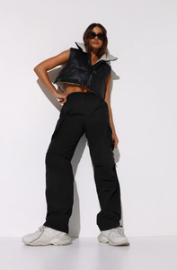 Photo of model wearing dean cargo pants in black available at UniKoncept in Waterloo
