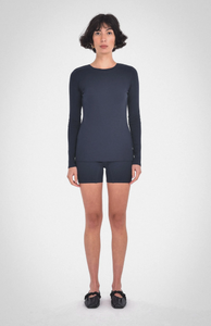 photo of model wearing lisa long sleeve top in midnight blue from paper label available at UniKoncept in Waterloo front view
