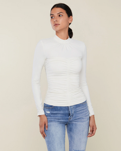Photo of model wearing Long Sleeve Ruched Mock Neck in ivory from Rachel Parcell available at UniKoncept in Waterloo