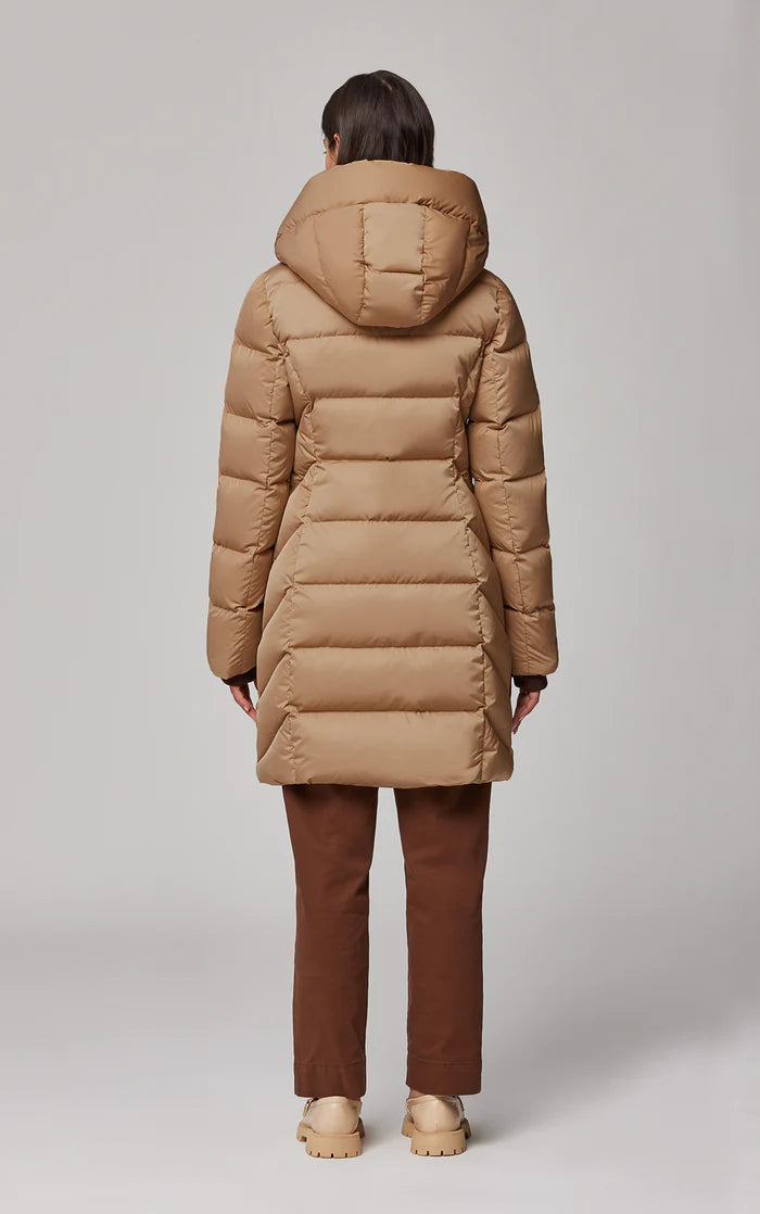 UNIKONCEPT Lifestyle Boutique and Lounge; Soia and Kyo Sonny Coat in Toffee - tan coloured long down-filled puffer jacket with windbreaker and large hood. Back-facing view