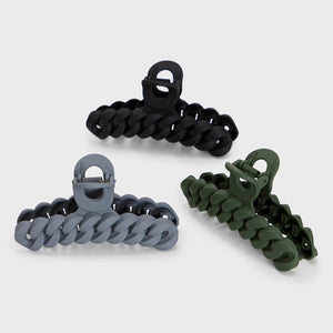Kitsch Chain Claw 3-Piece Set - three neutral grey, black, and moss green coloured claw hair clips made from sustainable materials