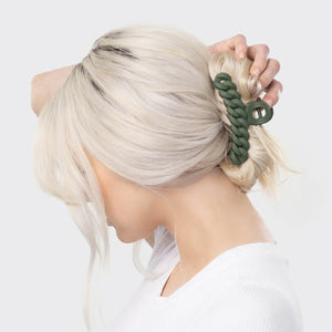 Kitsch Chain Claw 3-Piece Set - three neutral grey, black, and moss green coloured claw hair clips made from sustainable materials featured in a model's hair
