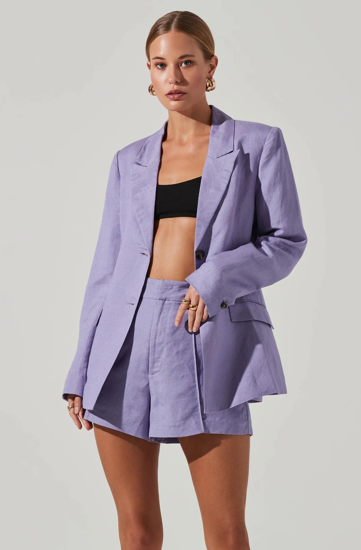 Model wearing Ayra Front Button Blazer in Purple from ASTR The Label available at UniKoncept in Waterloo