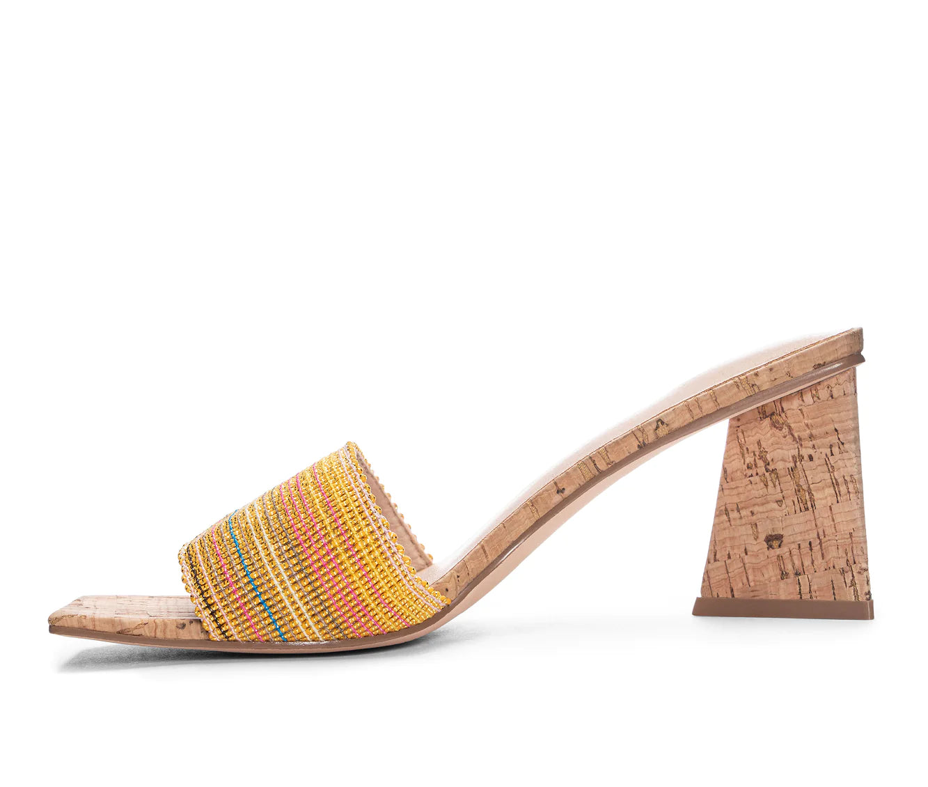 Photo of Yuna Woven Slide with cork triangular block heel detail and yellow and orange multi coloured elasticated band from Chinese Laundry available at UniKoncept in Waterloo