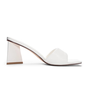 Photo of Yanda Slide Sandal in White with Triangular Block Heel Detail from Chinese Laundry available at UniKoncept in Waterloo