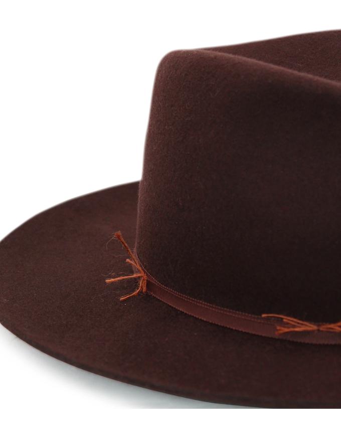 Close up view of Ace of Something Bonanza fedora in Redwood