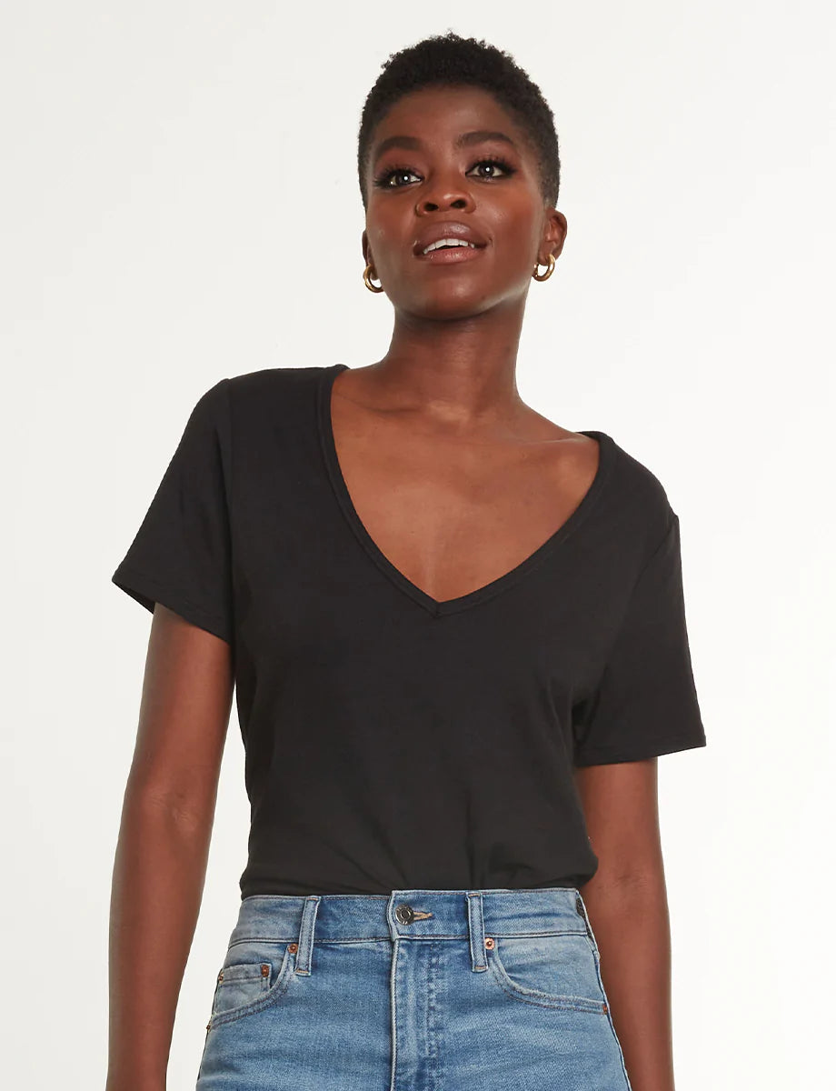 UNIKONCEPT Lifestyle Boutique and Lounge; Commando Cloud Short Sleeve V-Neck Tee in Black pictured on a model