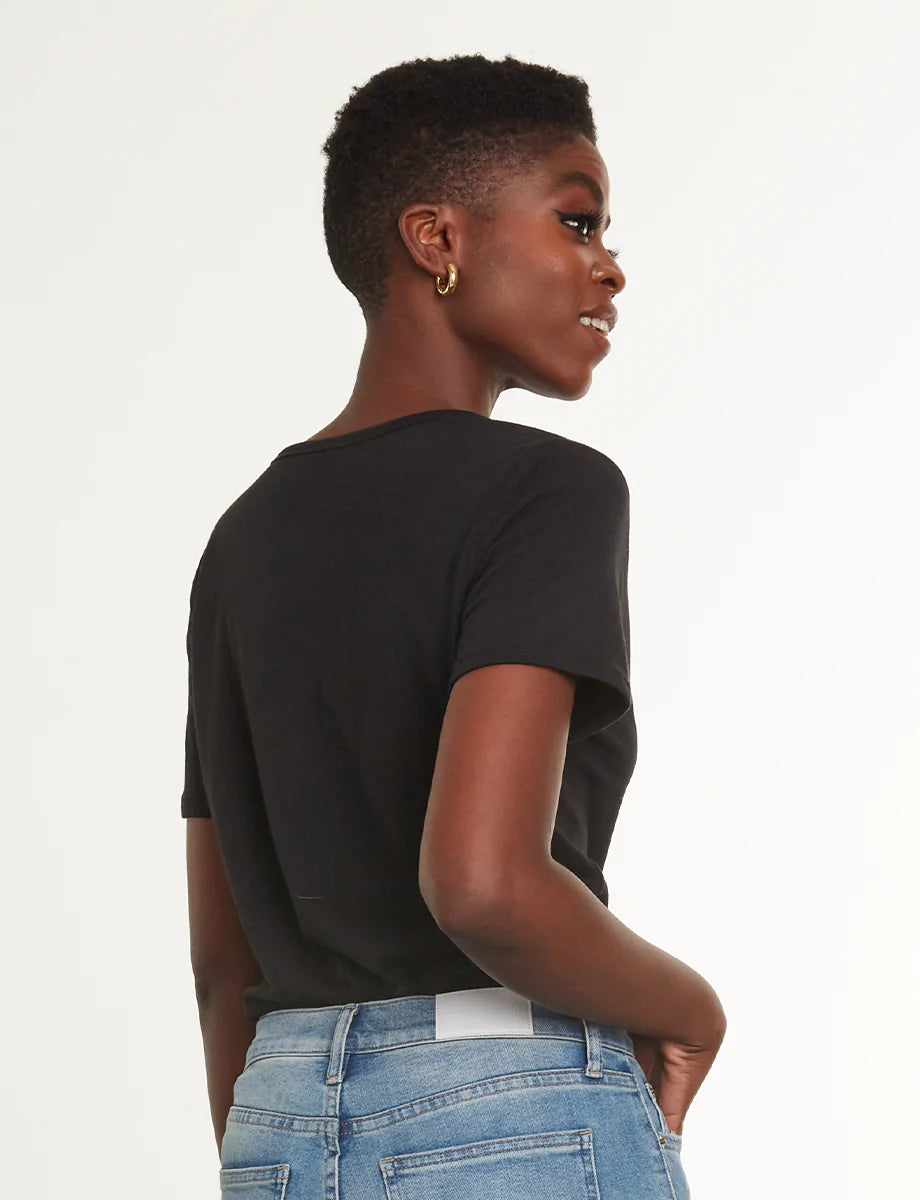 UNIKONCEPT Lifestyle Boutique and Lounge; Commando Cloud Short Sleeve V-Neck Tee in Black pictured on a model