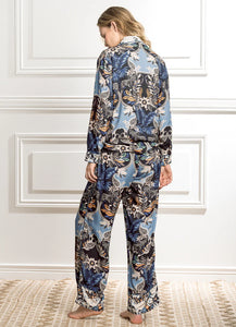 UNIKONCEPT Lifestyle Boutique and Lounge; Model wearing Damask Dandelion Sleep Pants Set: A beautiful dark blue floral full pant and long sleeve pyjama set.