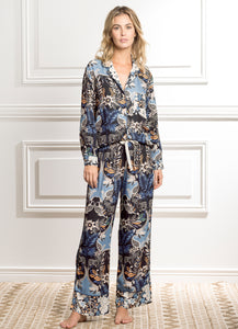 UNIKONCEPT Lifestyle Boutique and Lounge; Model wearing Damask Dandelion Sleep Pants Set: A beautiful dark blue floral full pant and long sleeve pyjama set.