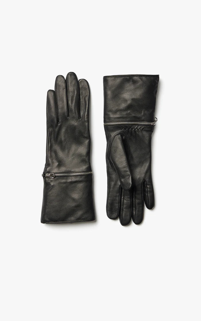 UNIKONCEPT Lifestyle Boutique and Lounge; Soia & Kyo Demy Gloves in black featured on a white background - black leather gloves with zipper detail and luxe faux fur interior