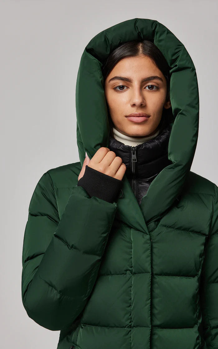 UNIKONCEPT Lifestyle Boutique and Lounge; Soia and Kyo Sonny Coat in Juniper - emerald green long down-filled puffer jacket with windbreaker and large hood. Close-up on model wearing hood