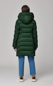 UNIKONCEPT Lifestyle Boutique and Lounge; Soia and Kyo Sonny Coat in Juniper - emerald green long down-filled puffer jacket with windbreaker and large hood. Back-facing view
