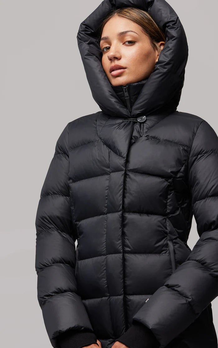 UNIKONCEPT Lifestyle Boutique and Lounge; Soia and Kyo Talyse Coat in Black - long black down-filled puffer coat with windbreaker and large hood on a model. Model wearing hood.