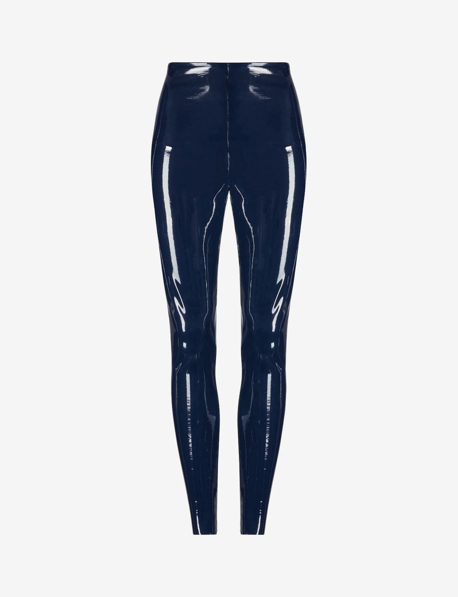 UNIKONCEPT Lifestyle Boutique and Lounge; Commando Faux Patent Leather Leggings in Navy pictured on a white background