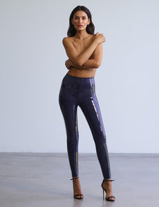 UNIKONCEPT Lifestyle Boutique and Lounge; Commando Faux Patent Leather Leggings in Navy pictured on a model